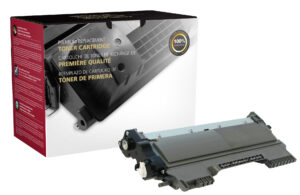 A black toner cartridge next to an open box.